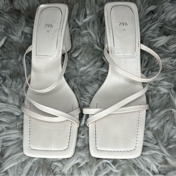 Zara neutral off white square toe round heel strappy sandals women’s shoe size 9 - Picture 5 of 12